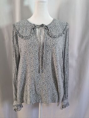 Cleo Petites Size L Shirt Ruffle Collar Blue Floral Cotton Boho Cottagecore